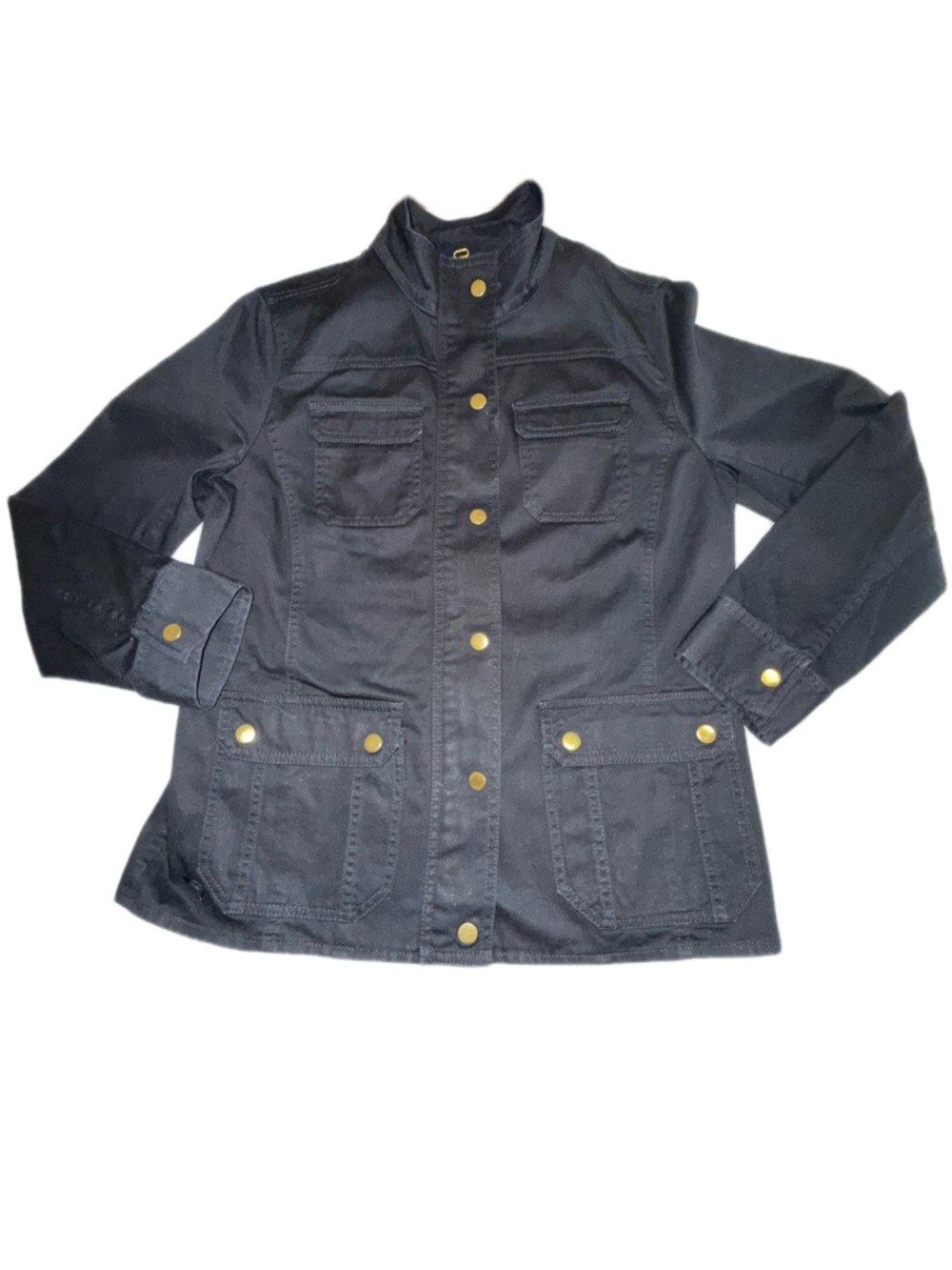 Talbots Black Denim Utility Jacket Gold Snap Button 100% Cotton NWOT Petite 8 - Picture 2 of 10